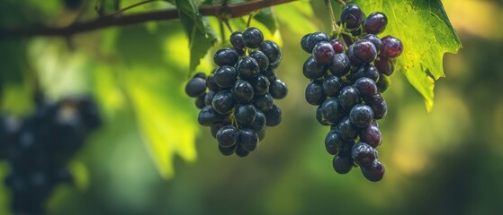 Naklejka premium The Grapes Hanging on a Vine in a Sunlit Vineyard with Dewy Drops