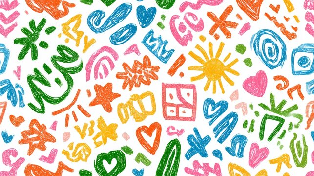 29.Playful seamless pattern illustrated with colorful crayon doodles of summer elements, organic lines, chalk brush texture, bright and joyful mood on white background