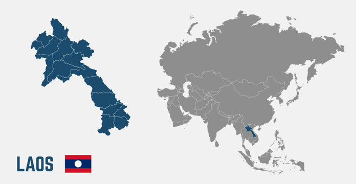 Laos map. Laos flag. Asia and Laos maps with regions. Asia map isolated on white background. High detailed. Vector illustration