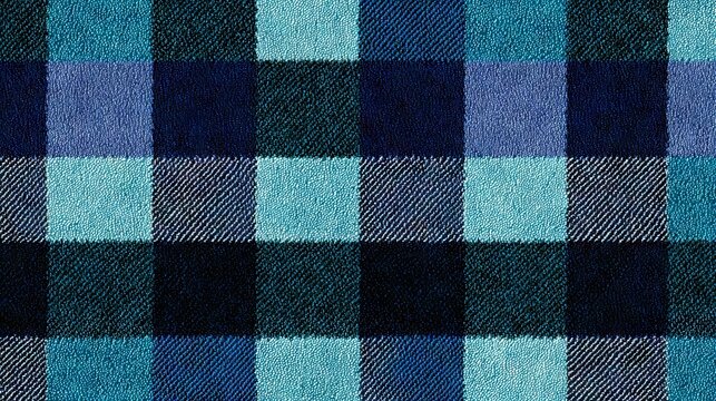 36.Old style tartan plaid seamless vector texture, cyan and blue color scheme, balanced check proportions, soft woven and fur like surface detail, timeless textile background