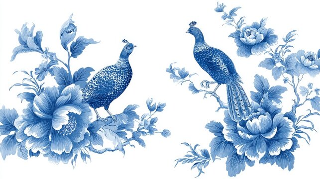 38.Flat vector illustration set of blue and white floral toile elements, large blossoms and leaves, elegant vines and stems, two pheasants perched gracefully, classic decorative pattern composition