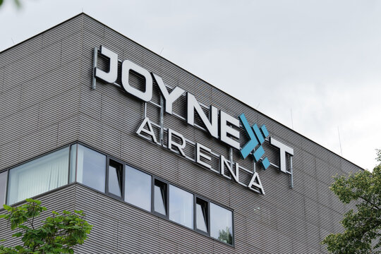 DRESDEN, GERMANY - 2. August 2025: Joynext Arena logo sign on the building exterior in a close-up. Ball sports, ice hockey and multipurpose hall in the city.