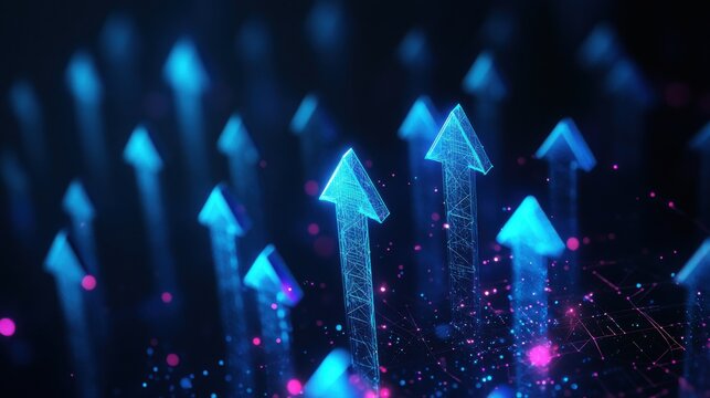 Abstract background with glowing blue digital arrows pointing upward