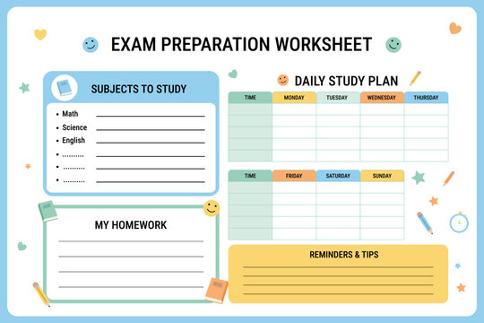Exam preparation worksheet for elementary school students, horizontal layout, clean playful flat vector design.