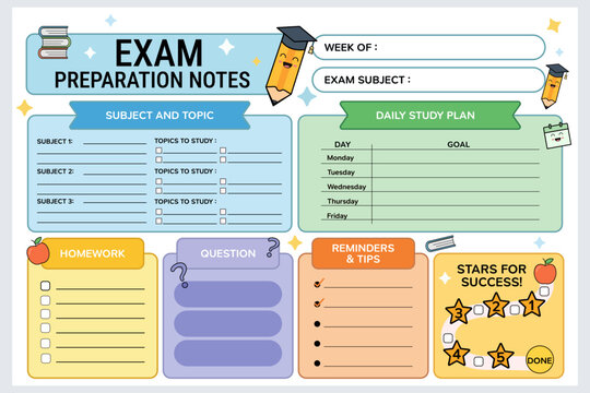 Exam preparation note template forstudents, horizontal layout, minimal flat vector design.