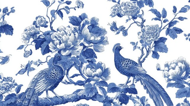 42.Classic toile inspired vector illustration, blue and white floral elements, detailed blossoms and foliage, long stems with perched pheasants, sophisticated ornamental composition