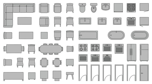 Collection of furniture icons for floor plan, top view, vector illustration