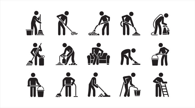 Modern monochrome cleaning service pictogram set featuring maintenance staff hygiene tools and domestic work symbols