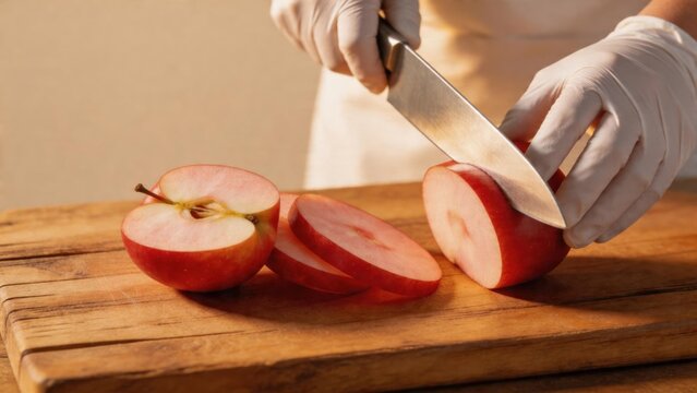 Person slicing red apple on wooden board