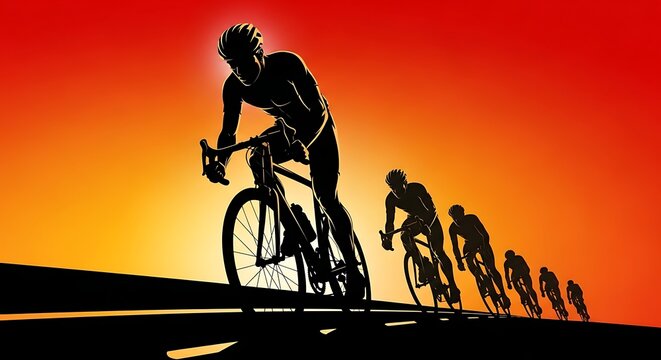 Silhouetted Cyclists Racing on Road at Vibrant Sunset