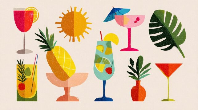 52.Colorful summer clipart vector pack, sunshine symbols, tropical plants, refreshing drinks, minimal flat design, isolated illustration elements