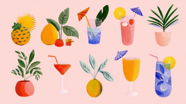 52.Colorful summer clipart vector pack, sunshine symbols, tropical plants, refreshing drinks, minimal flat design, isolated illustration elements