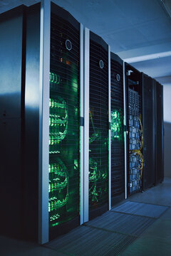 Server room, infrastructure and backup system with hardware for digital storage facility. Electronics, AI network and machine learning for information technology, cybersecurity or big data center