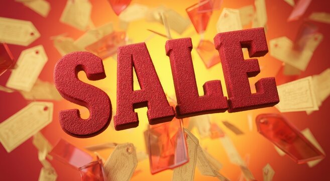 Large red textured three dimensional letters spelling the word sale floating in the air surrounded by many falling blank price tags against a bright orange background