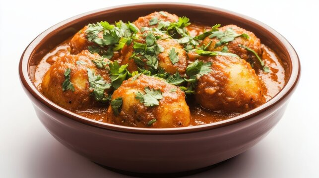 Indian Dum Aloo curry in a ceramic bowl isolated on white background