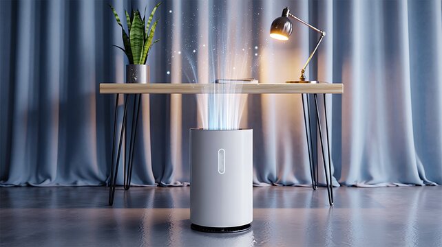 Modern smart air purifier in contemporary living room with clean indoor air and home wellness concept