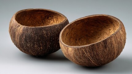 Fototapeta premium Two empty brown coconut shells positioned side by side on a clean light gray studio background