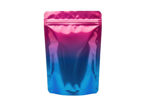 Metallic gradient stand-up pouch mockup, pink and blue iridescent foil bag for snacks or coffee, shiny plastic doy-pack with zipper seal