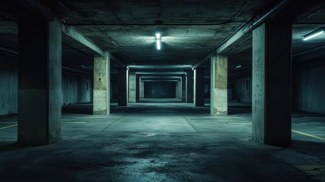 Dark empty underground parking garage concrete structure
