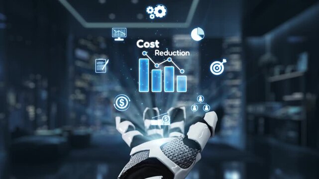 A robotic hand showcases dynamic data visualizations related to cost reduction and financial strategies, set in a sleek, modern business environment. Auvana