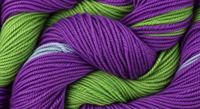 Vibrant Purple and Green Yarn Skein Coiled in Close Up Textile Background