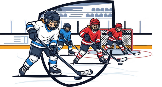 Diverse players compete on ice in a lively hockey game illustration