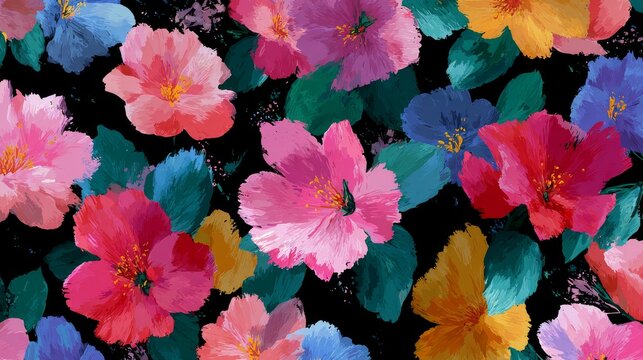 84.Floral seamless pattern with painterly effect, expressive colors and soft edges, hand painted aesthetic, harmonious repeating design