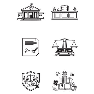 Minimalist black-and-white law and justice icons featuring courthouse, judge&rsquo;s bench, legal document, balanced scales, shield emblem, and magnifying glass.