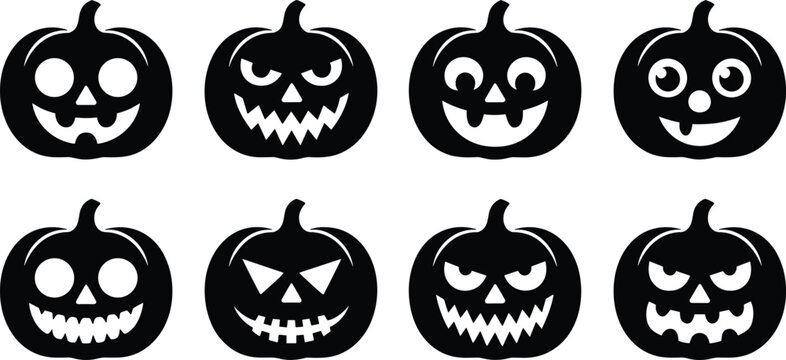 Collection of spooky Halloween pumpkin jack o lantern silhouette vector designs with diverse carved faces and creative artwork
