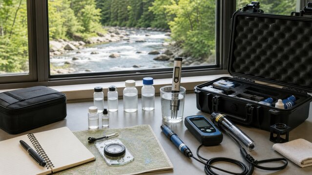 Research station near river with water testing equipment and samples for analysis and monitoring of local water quality in an outdoor environment