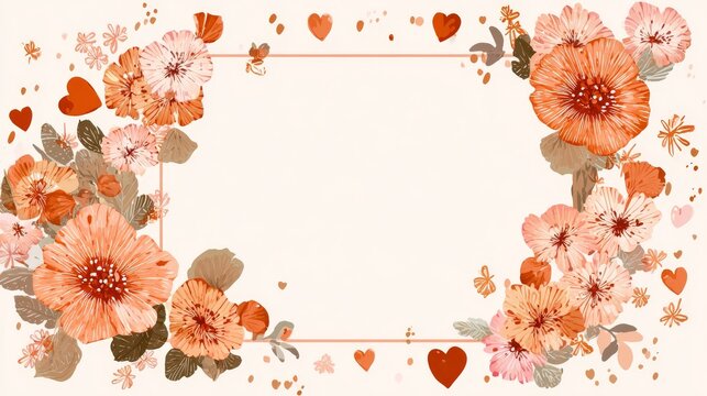 89.Square shaped orange text border adorned with flowers, hearts and leaves, charming flat vector style, colorful and harmonious decorative frame