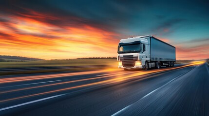 Fototapeta premium Semi truck driving on highway at sunset motion blur