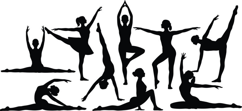 Elegant dancer and gymnast silhouette vector illustrations showing balance, flexibility, splits, stretching, and graceful expressive movement artwork