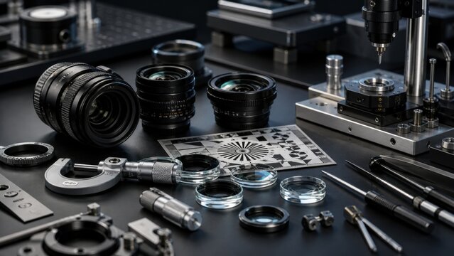 Collection of photography equipment and tools on a dark workspace with lenses, measuring tools, and calibration plates arranged for precision work