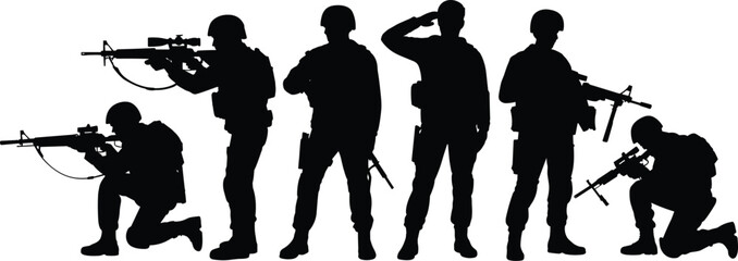 Naklejka premium Military soldier silhouette vector illustrations showing diverse poses with rifles, saluting, kneeling, and standing disciplined artwork