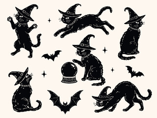 Vintage Halloween vector cat set featuring sitting, jumping, sneaking and standing cats, including magic hat, crystal ball and bats. Hand drawn monochrome silhouette elements for Halloween design © Irina Khovanskaya