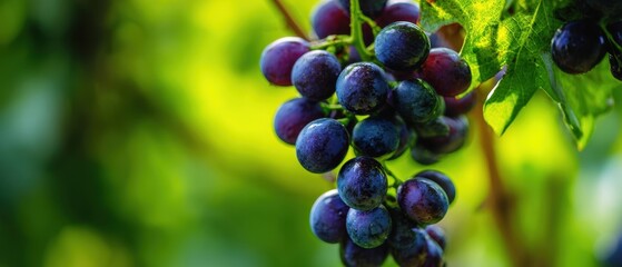Naklejka premium The Grapes Cluster Glowing in Sunlight on a Vine with Lush Green Leaves