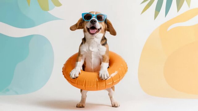 Humorous beagle dog wearing blue sunglasses and orange swim ring posing in playful summer studio portrait with tropical decor