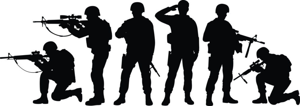 Military soldier silhouette vector illustrations showing diverse poses with rifles, saluting, kneeling, and standing disciplined artwork