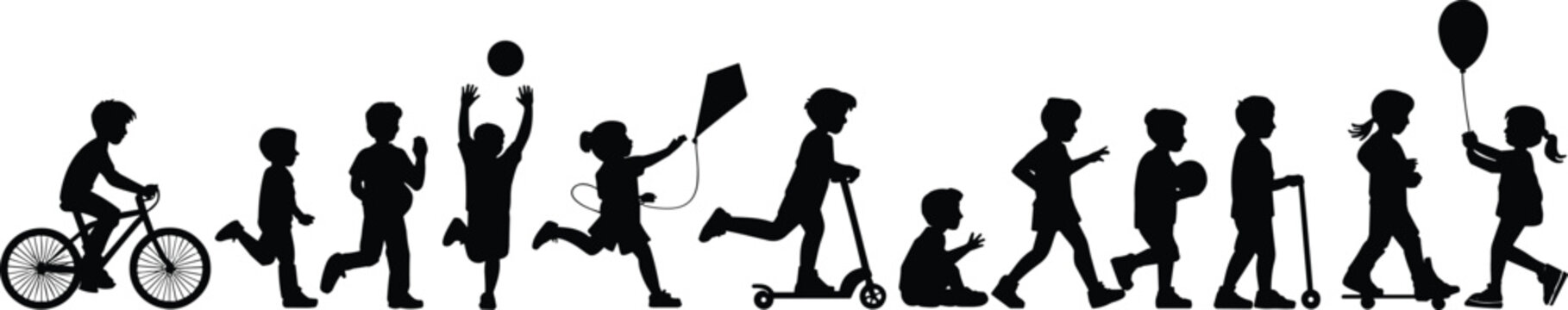 Playful children silhouette vector illustrations showing outdoor activities like biking, running, jumping, kites, scooters, and balloons artwork