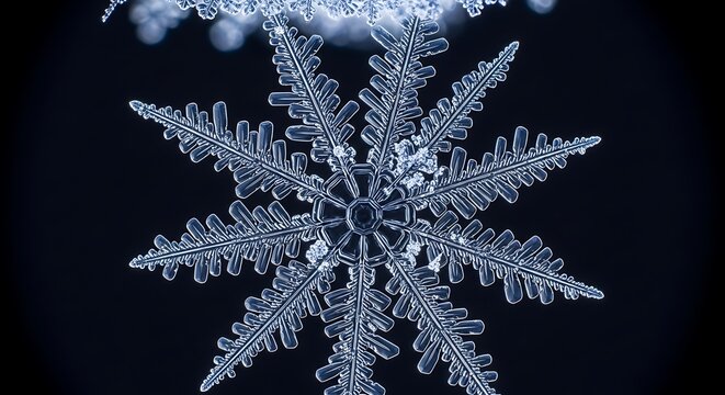 Close-up of a perfectly formed ice crystal with delicate radial symmetry against a dark backdrop