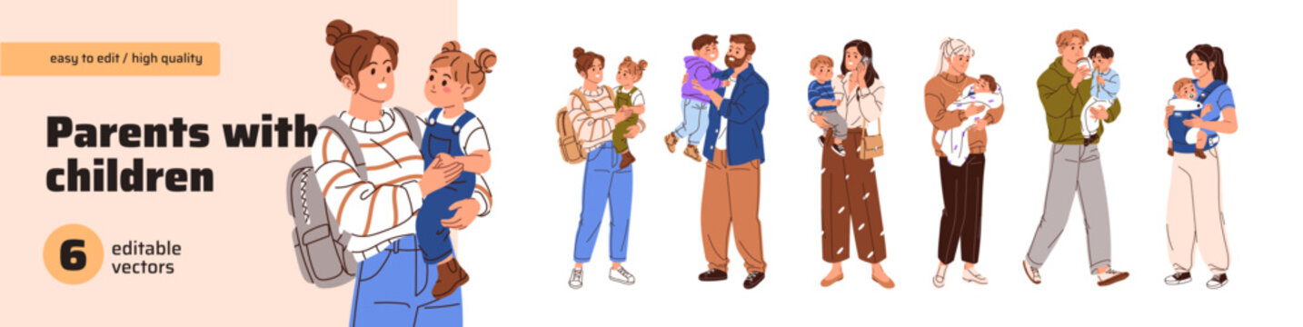 Parents with children in arms set. Mothers and fathers hold cute kids. Happy families with babies. Moms and dads with their little girls and boys on hands. Flat isolated vector illustrations on white