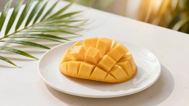 Fresh sliced mango cubes served on white plate with tropical palm leaf in bright sunlight creating healthy summer food mood