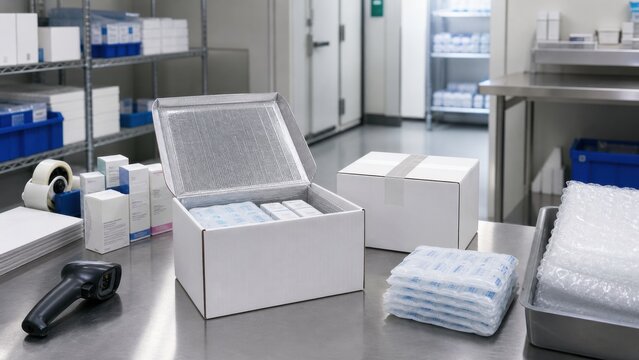 Boxes filled with medical supplies and packing material are placed on a counter in a storage area in a healthcare facility that is organized for inventory management
