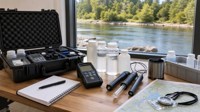 Field research tools set up near a river with water sample bottles and measurement devices for environmental study and analysis