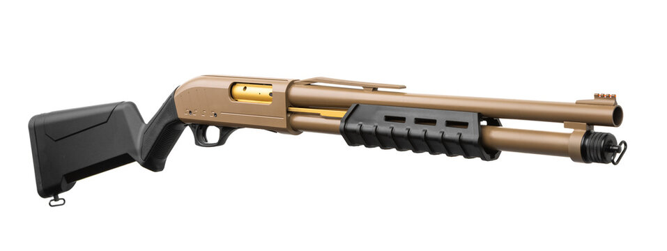 Modern sand color pump action shotgun