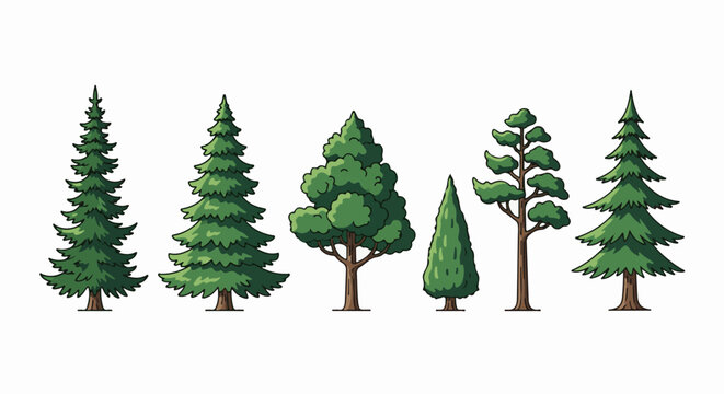 Collection of diverse coniferous and deciduous trees in a pixel art style