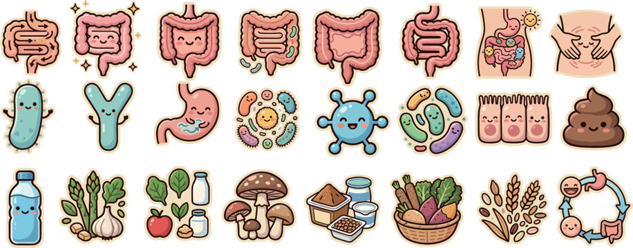 腸活と腸内環境改善をテーマにしたかわいいアイコンセット
