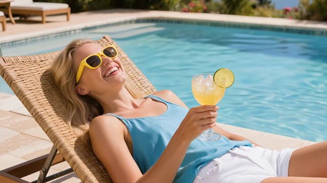 Smiling young woman relaxing on poolside lounge chair with summer cocktail and sunglasses during sunny tropical resort vacation trip