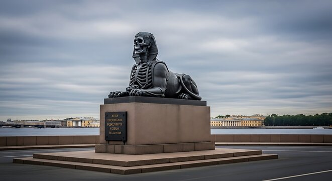 Monumental Bronze Sphinx Statue Resting on Stone Pedestal Beside Urban River